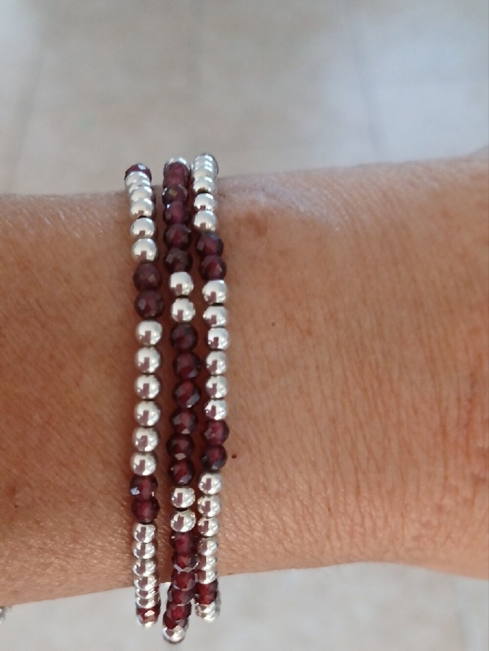 Set Of 3 Sterling Silver 925 Red Garnet Natural Gemstone Beaded Bracelets - Picture 2 of 2